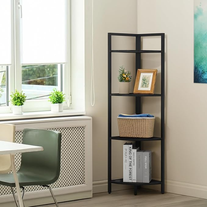 CAPHAUS 4 Tier Corner Shelf - 46.5-Inch Tall Black Metal Corner Bookcase, Small Display Stand for Bathroom, Living Room, Home, Office