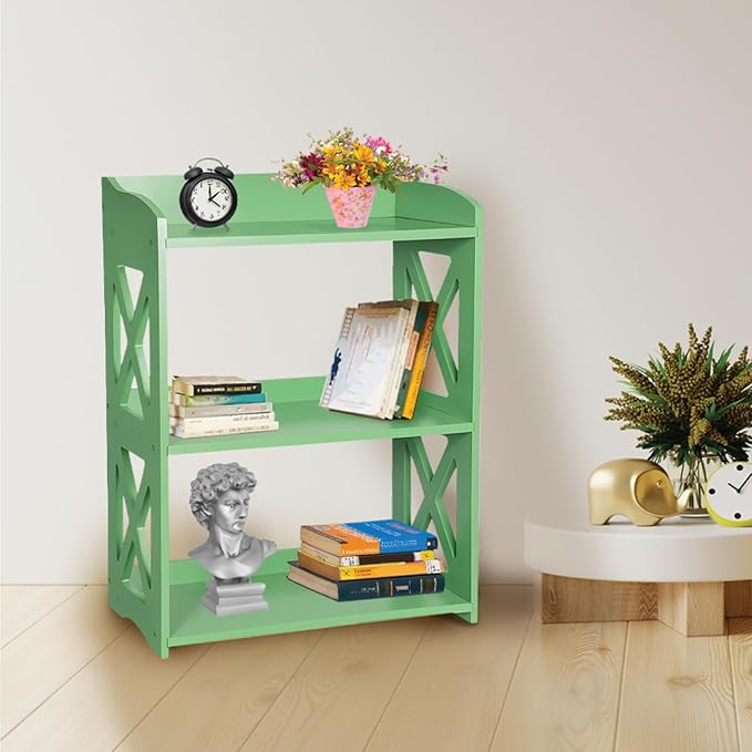 Green Bookcase by Natural Wood, 3 Tier Bookshelf, Small Book Shelves Freestanding Display Storage Shelves. Open Bookshelf for Bedroom, Living Room and Office (Green, 3 Tier)