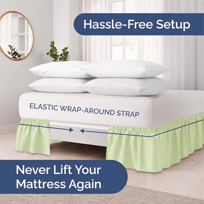 Wrap Around Dust Ruffle Bed Skirt - Light Sage - for King Size Beds w/ 12 Inch Drop - Easy Fit Elastic Strap - Adjustable Pleated Bedskirt w/Brushed Fabric - Wrinkle Free, Women, Men, Kids & Teens