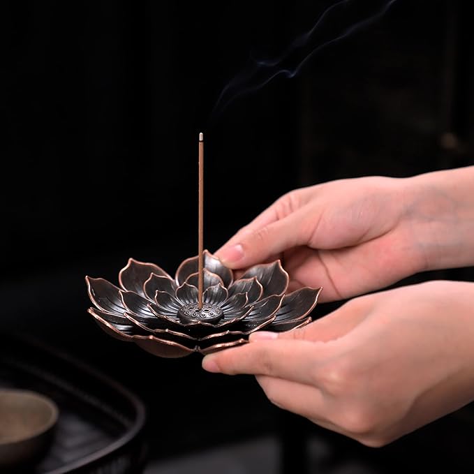 Large Incense Holder for Sticks Anti-Ash Spilling, Brass Lotus Incense Stick Holder and Detachable Ash Catcher