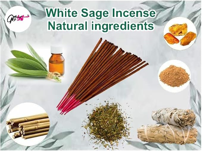 Giftbrit Whie Sage Natural & Herbal Incense Sticks 100 Sticks with Incense Holder for Meditation, Yoga, Church, Relaxation, Healing and Positivity