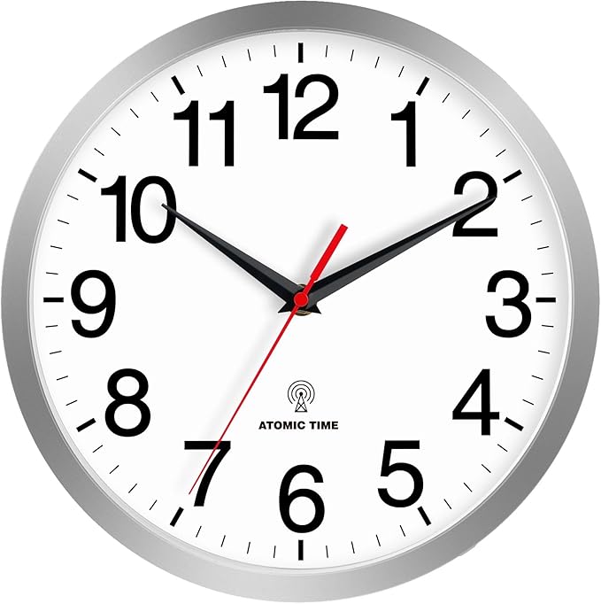 Atomic Wall Clock Modern 14 Inch Battery Operated Analog Clock Decorative for Bedroom Kitchen Bathroom Office Home Living Room (Silver)