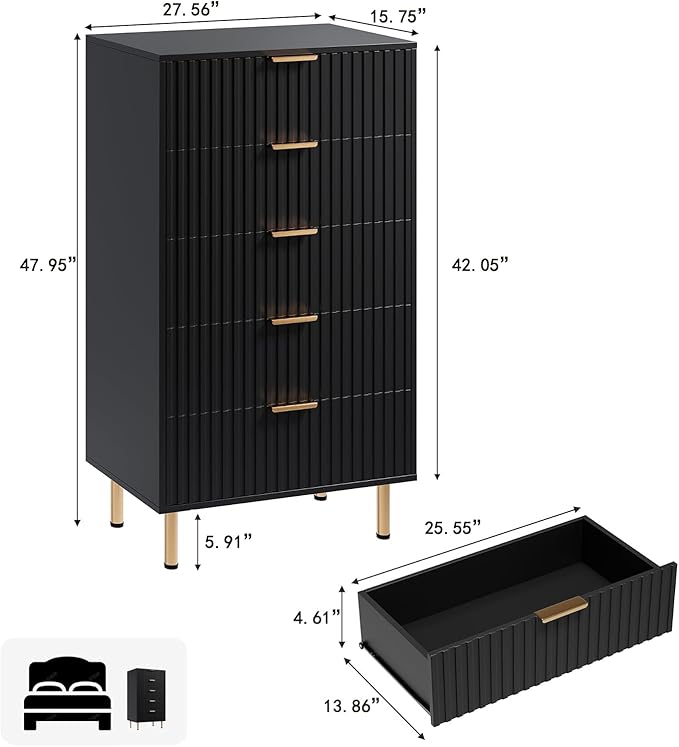 GarveeHome 5 Drawer Dresser for Bedroom, 48 in Tall Modern Chest of Drawers with Deep Drawers and Wide Top, Fluted Wooden Dresser Organizer for Living Room, Hallway, Kids Room, Black