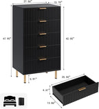 GarveeHome 5 Drawer Dresser for Bedroom, 48 in Tall Modern Chest of Drawers with Deep Drawers and Wide Top, Fluted Wooden Dresser Organizer for Living Room, Hallway, Kids Room, Black