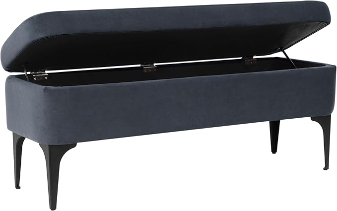 HomePop Upholstered Storage Bench with Metal Leg, 42" W, Blue Velvet
