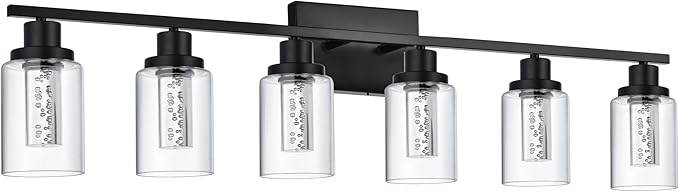 MELUCEE LED Vanity Lights for Bathroom, 6-Light Dimmable LED Bathroom Light Fixtures Black with Crystal Bubble Clear Glass Shade 3000K-6000K LED Wall Light Fixture for Bathroom, Built-in LED Chips