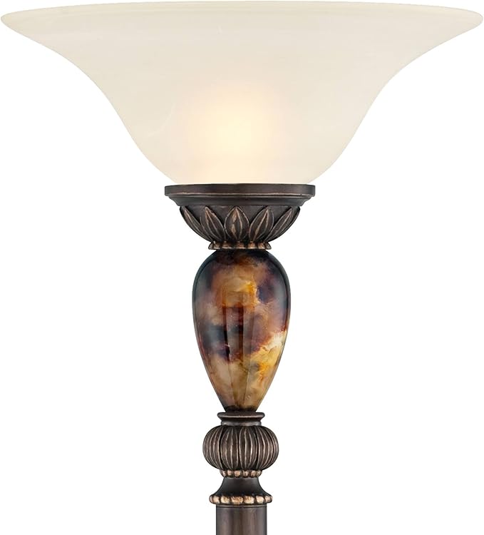 Kathy Ireland Mulholland Rustic Vintage Torchiere Floor Lamp Standing 72" Tall Bronze Tortoise Shell Font Frosted Glass Shade Decor for Living Room Reading House Bedroom Home Office