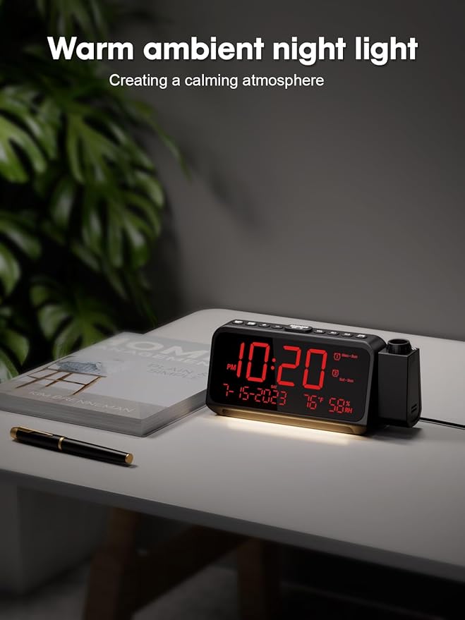 ROCAM Projection Clock for Bedroom, Digital Clock with 180° Projector on Ceiling with 5-Level Dimmer, Dual Loud Alarm Clock with Weekend/Weekday Mode, Date, Temp, Humidity, Night Light, Snooze