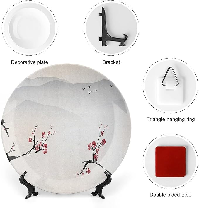 Decorative Plates, Asian Print Ornament, Japanese Nature Landscape National Flower, 8 Inch, Kitchen Wall Decor, Beige Red Black