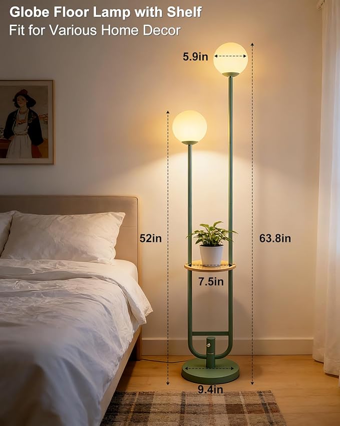 Lightdot 63IN Green Floor Lamp with U Pole, 2 Globe Mid Century Standing Lamps with Bulbs Included, Unique Vintage Dimmable Tall Floor Lamp for Living Room/Wedding/Party/Sofa Beside/Corner Decor