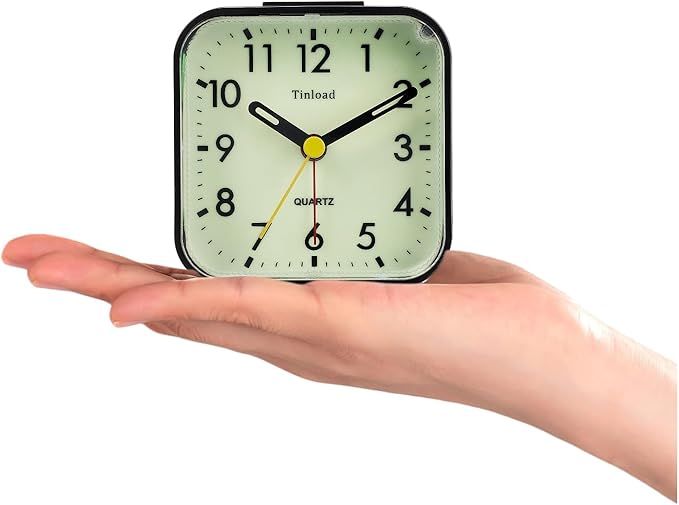 Small Battery Operated Analog Travel Alarm Clock Silent Non Ticking,Gentle Wake, Ascending Beep Sounds, Snooze,Lighted on Demand, Glow in Dark dial,Easy Set