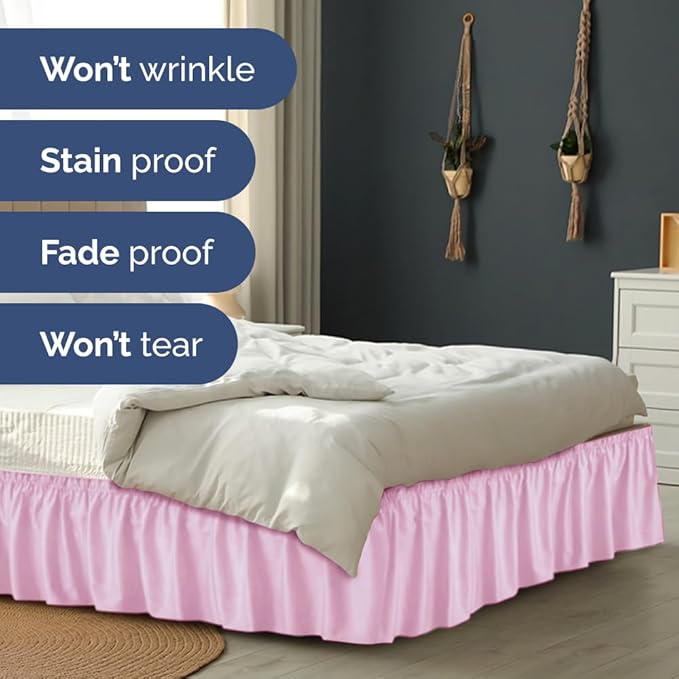 Wrap Around Dust Ruffle Bed Skirt - Light Pink - for King Size Beds with 15 Inch Drop - Elastic Strap - Adjustable Pleated Bedskirt with Brushed Fabric and Wrinkle Free - for Women, Men, Kids & Teens