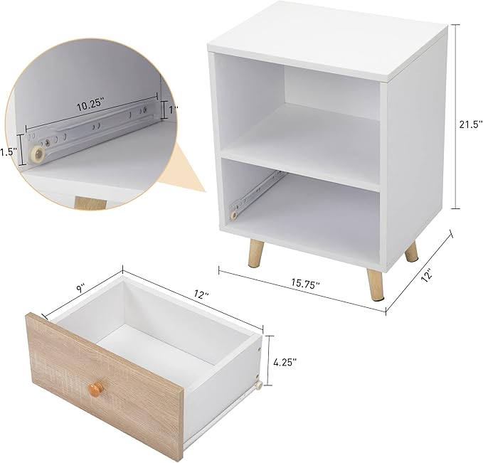 JAXPETY Nightstands Set of 2, Night Stand with Drawer and Open Storage Shelf, Bedside Tables with Solid Wood Legs, End Table, Side Table, for Bedroom(2-Pack, White)