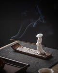 Ceramic Incense Stick Holder with Ash Catcher - Kung Fu Samurai on Bamboo Raft, Chinese & Japanese Home Decor for Meditation, Spa, Yoga