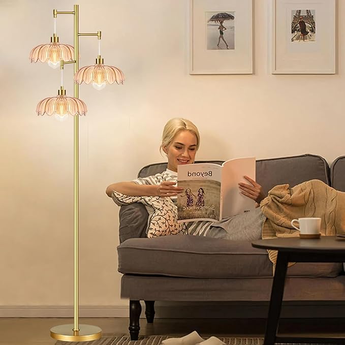 Gold Floor Lamp for Living Room Bedroom,Modern Floor Lamps with Unique Amber Glass Shades,68IN Mid Century Tall Flower Standing Lamp,Vintage 3 Lights Tree Floor Lamp for Corner Office Reading