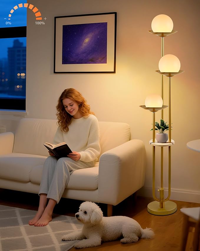 Lightdot Globe Floor Lamp with Shelf 3-Lights Modern Dimmable Floor Lamps for Wedding/Party, 3000K Warm White Bulbs Included, Gold Tall Standing Lamp for Living Room/Bedroom/Sofa Beside/Corner Decor
