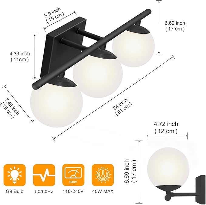 New Bathroom Vanity Light Fixtures 3 Lights Brushed Black Milk White Globe Glass Shade Modern Wall Bar Sconce Over Mirror (Exclude G9 Bulb)