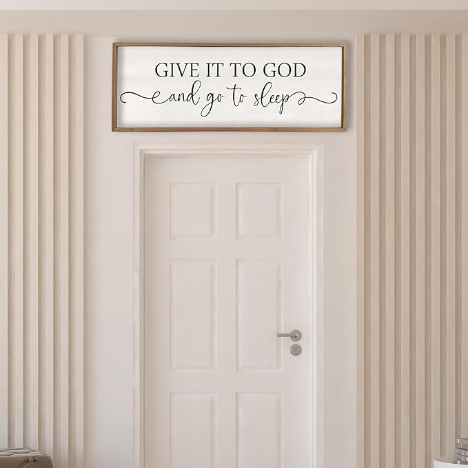 Surfapans Give It To God And Go To Sleep Sign Wall Decor 32"x12" ofr Master Bedroom Guest Room Wood Rustic Framed Wall Art Sign (Wood White)