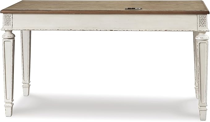 Signature Design by Ashley Realyn Farmhouse Home Office Desk, 2 Drawers, Drop-down Drawer, USB Charging, Wood, 60" W x 28" D x 31" H, Chipped White and Brown