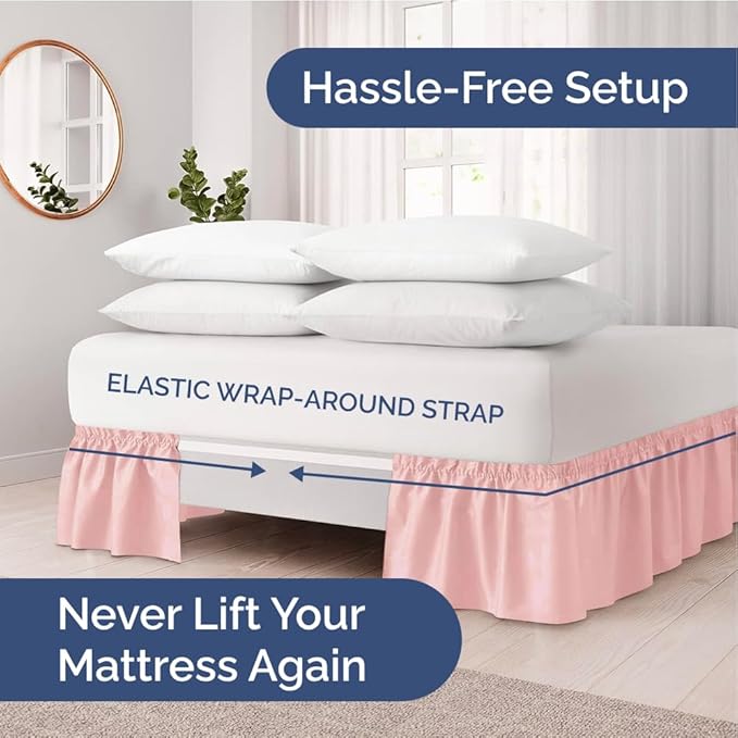Wrap Around Dust Ruffle Bed Skirt - Baby Pink - King Size Beds w/ 15 Inch Drop - Easy Fit Elastic Strap - Adjustable Pleated Bedskirt w/Brushed Fabric - Wrinkle Free - Women, Men, Kids & Teens