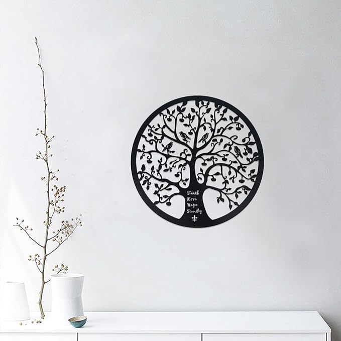 ESTART 11 Inches Tree of Life Wall Art Metal Tree Life Wall Decor Family Tree Wall Plaque Wall Hanging Sculptures for Balcony Porch Bedroom Living Room Kitchen Garden Office Indoor Outdoorr (Black)