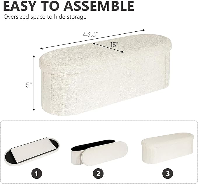 43.3 Inches Collapsible Ottoman with Storage, Bench with Storage Ottoman for Living Room, Bedroom & Entryway-Cream White