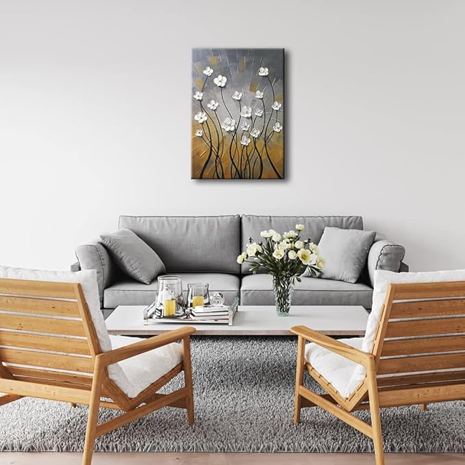 Wieco Art Morning Dancing 100% Hand Painted Floral Oil Paintings Canvas Wall Art Modern Stretched and Framed Grace Abstract Flowers Artwork Ready to Hang for Living Room Home Decorations Wall Decor