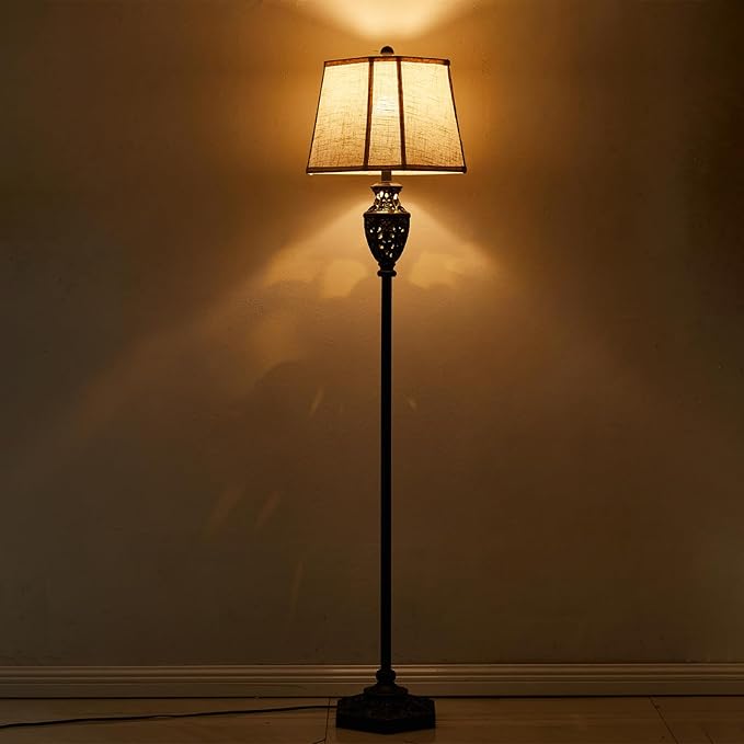 Luvkczc Vintage Floor Lamp - Brown Resin 6-Sided Carved Hollow Light Design, Mid-Century Modern Standing Lamp for Living Room, Bedroom, Study(Bulb Included)