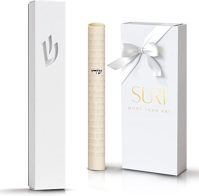 SURI Mezuzah Case – 5 Inch White Aluminum Mezuzah Cover with Printed Scroll, Self-Stick Adhesive, Fits a 4 Inch Mezuza Scroll, Open-Back Design for Indoor Use, Gift Box Included