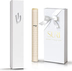 SURI Mezuzah Case – 5 Inch White Aluminum Mezuzah Cover with Printed Scroll, Self-Stick Adhesive, Fits a 4 Inch Mezuza Scroll, Open-Back Design for Indoor Use, Gift Box Included