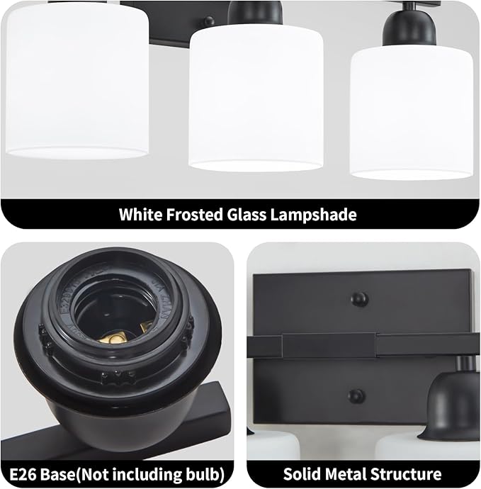5-Light Black Bathroom Vanity Light, Black Vanity Light with Milky White Frosted Glass Shades, Modern Vanity Light Fixture for Bathroom Mirror, Bedroom, Living Room, Hallway, Vanity Table, E26 Base