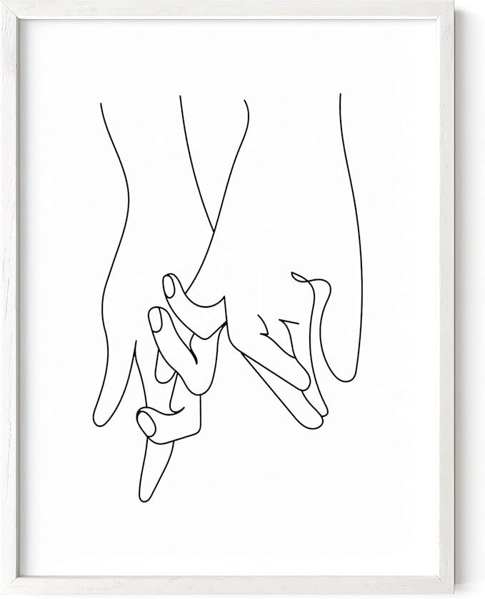 Holding Hands Wall Art Interlocking Fingers Continuous Line Drawing Love Connection 12x16 Inch Oak Wood White Framed Modern Romance Print for Bedroom