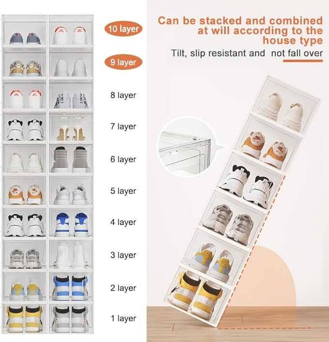 10-pack transparent acrylic shoe boxes, stackable and foldable storage boxes with magnetic snaps, suitable for sneakers, bedroom, dormitory storage, transparent color.
