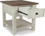 Signature Design by Ashley Bolanburg Farmhouse Chair Side End Table, 2 USB Ports, Pull-out Tray, Wood, 14" W x 24.25" D x 23" H, Antique Cream & Brown
