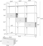 Semoic Triple Wide 6 Tiers Industrial Book shelf with 3 Drawers and Storage Shelves, 73.6" Tall Bookcase with 16 Open Display Shelves, Large Etagere Bookshelf with Metal Frame for Home & Office, White