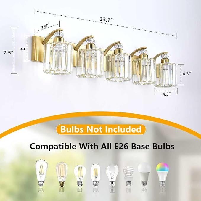 5-Lights Brushed Brass Bathroom Light Fixture Gold Vanity Lights Modern Crystal Bathroom Vanity Lighting Over Mirror Wall Sconce with K9 Crystal Shade E26 Base for Living Room, Bedroom Wall Lamp