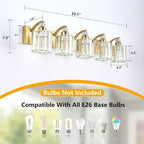 5-Lights Brushed Brass Bathroom Light Fixture Gold Vanity Lights Modern Crystal Bathroom Vanity Lighting Over Mirror Wall Sconce with K9 Crystal Shade E26 Base for Living Room, Bedroom Wall Lamp