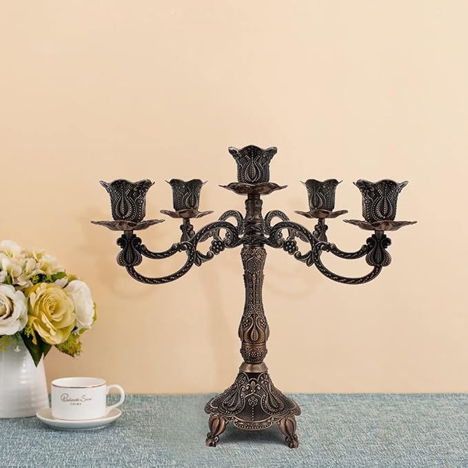 5-Candle Metal Candelabra 10.3 Inch Tall Candlestick Candle Holders for Home Decor Wedding Christmas Church Halloween Party, Red Bronze Tulip