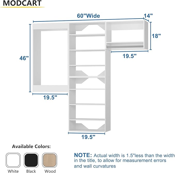 Modular Closet System, 60" Wide Closet Organizer System with Towers and Hanging, Wood Closet Tower Storage for Walk In Closets, Wall Mounted Wardrobe Organizer Kit System, Bedroom, White