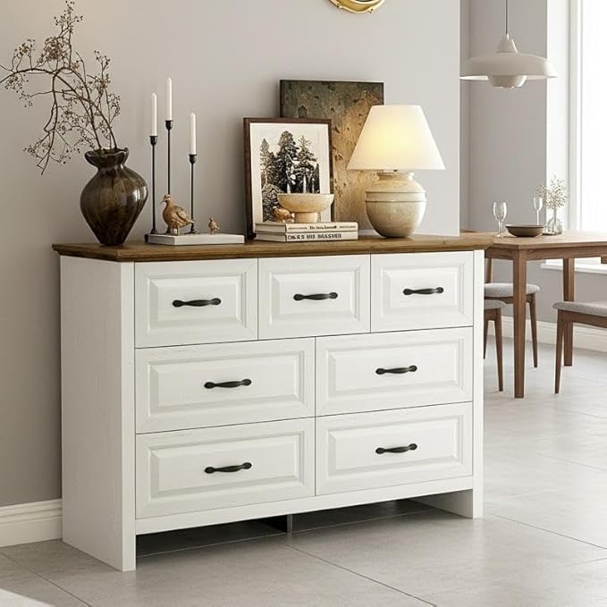 Marsail Farmhouse 7 Drawer Dresser, Wood Chest of Drawers with Natural Texture, Smooth Gliding Drawers, Versatile Storage Organizer Cabinet for Bedroom & Living Room, White and Brown