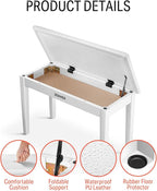 Donner Duet Piano Bench with Storage, Solid Wooden Keyboard Bench Piano Bookcase Stool Chair Seat with High-Density Sponges Padded Cushion, White