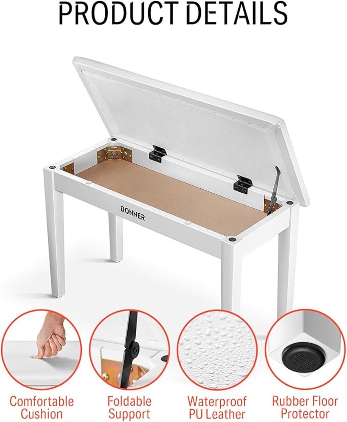 Donner Duet Piano Bench with Storage, Solid Wooden Keyboard Bench Piano Bookcase Stool Chair Seat with High-Density Sponges Padded Cushion, White