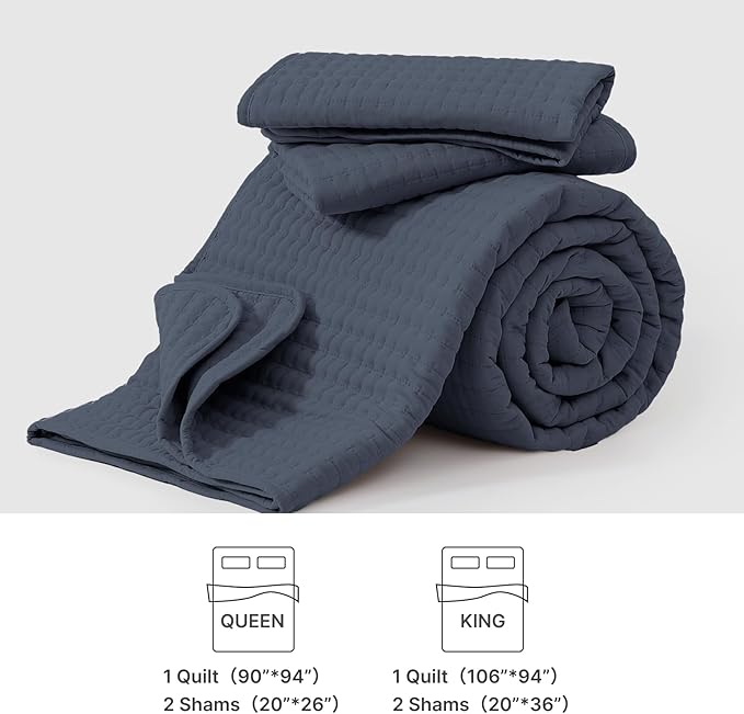 WRENSONGE Queen Quilt-3 Pieces Lightweight Bedspreads Blue Grey Queen Size Quilt Bedding Set for All Seasons, Soft Summer Coverlet with 2 Pillow Shams Suitable for Bed, Couch