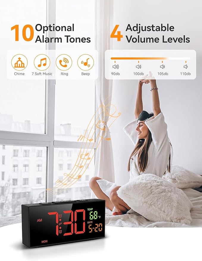 Netzu Alarm Clocks for Bedrooms, Digital Alarm Clock with Date Temperature and Weekday, Manual DST, Snooze, 2 Alarms, 4 Volumes for Living Room Home Bedside Desk