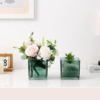 Square Glass Vases Set of 4, 4"x 4"x 4" Flower Vases for Centerpieces, Green Glass Vase for Flowers, Small Vase for Wedding, Party, Home Office Decoration