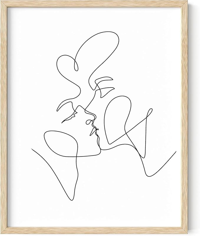 Minimalist Couple Art Wall Art Print Couple Kiss Abstract Line Drawing, Gallery Quality 11"x14" Beige Framed, Abstract Love Aesthetic Decor Bedroom Living Room