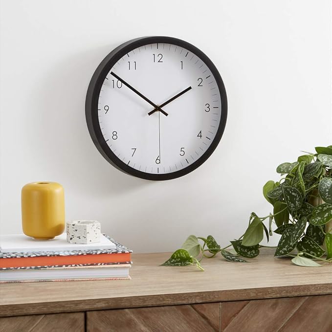 Amazon Basics Classic 12", Easy to Read, Silent Non Ticking, Battery Operated, Round Wall Clock, Black