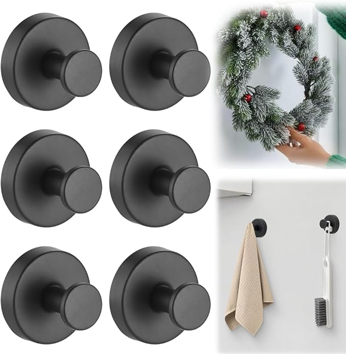 2026 Upgraded Suction Cup Hooks for Door Wreaths, Removable No Drill Wreath Hangers for Front Door, Reusable Hooks Holder for Glass Window Towel Shower Bathroom Kitchen (6, Black)