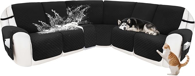 Reclining Sectional Couch Covers 100% Waterproof Velvet L Shape Recliner Couch Covers for Sofa Pets Washable Anti Slip Recliner Slipcovers with Pockets (5 Seat Sofa with 1 Console, Black)
