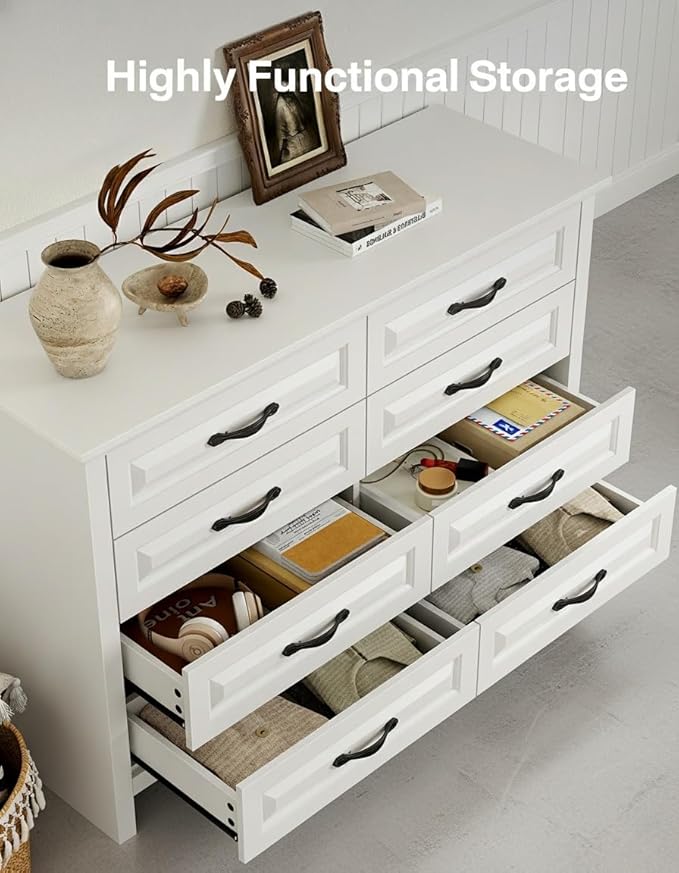 Marsail Farmhouse 8 Drawer Dresser, Wood Chest of Drawers with Natural Texture, Smooth Gliding Drawers, Versatile Storage Organizer Cabinet for Bedroom & Living Room, White